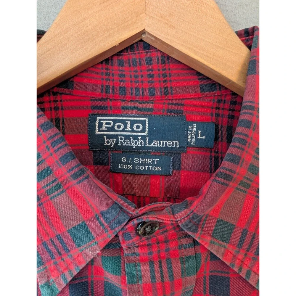 Vtg Polo Ralph Lauren GI Shirt Red Plaid Cotton Mens Large Button Up Long Sleeve